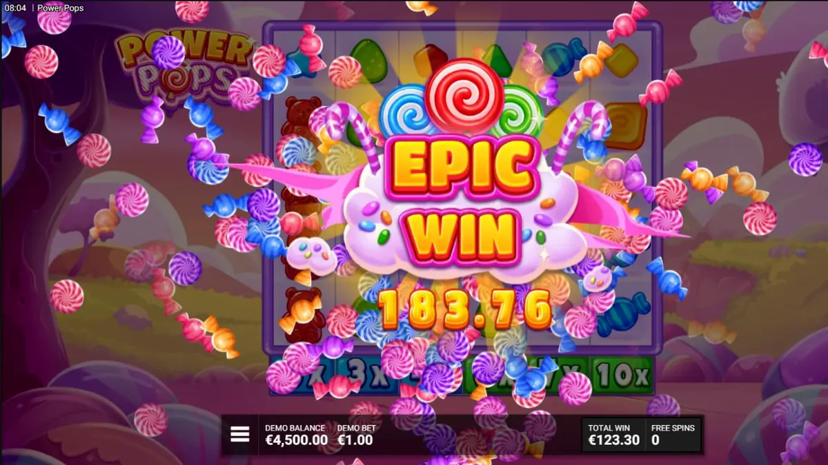 Tampilan visual ceria dari slot Power Pops dengan latar belakang dunia permen.